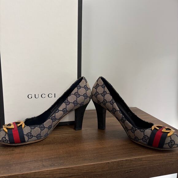 GUCCI Interlocking GG Monogram Web Canvas Heels 37.5 Box Authenticated COA 7.5 - Picture 8 of 14